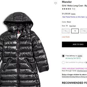 Moncler Girls' Moka Long Coat Shiny Black Long Puffer Jacket Size 6
